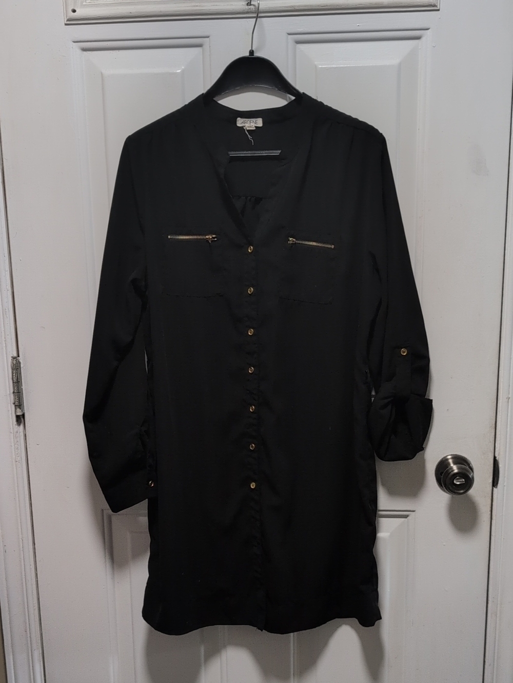 Ardene Black Long Sleeve Button-Front Shirt Dress with Gold Zips